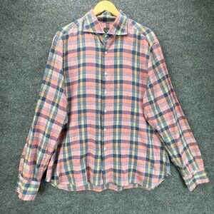 Eidos Napoli Shirt Mens 18.5/46 Pink Blue Button Up Linen Blend Plaid‎ Italy